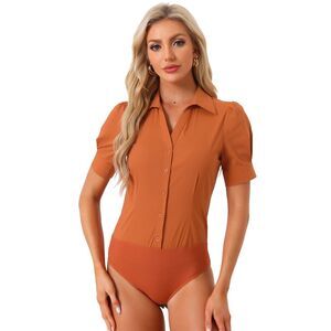 Button Down Leotard Shirt Short Sleeve Collared Work Bodysuit Tops Caramel